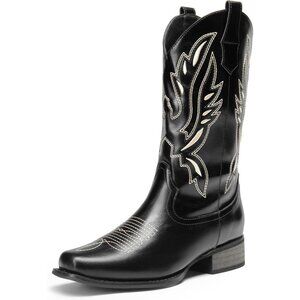 Dream Pairs Women's PU Black Square Toe Cowgirl Boots Pull On Low Chunky Heel